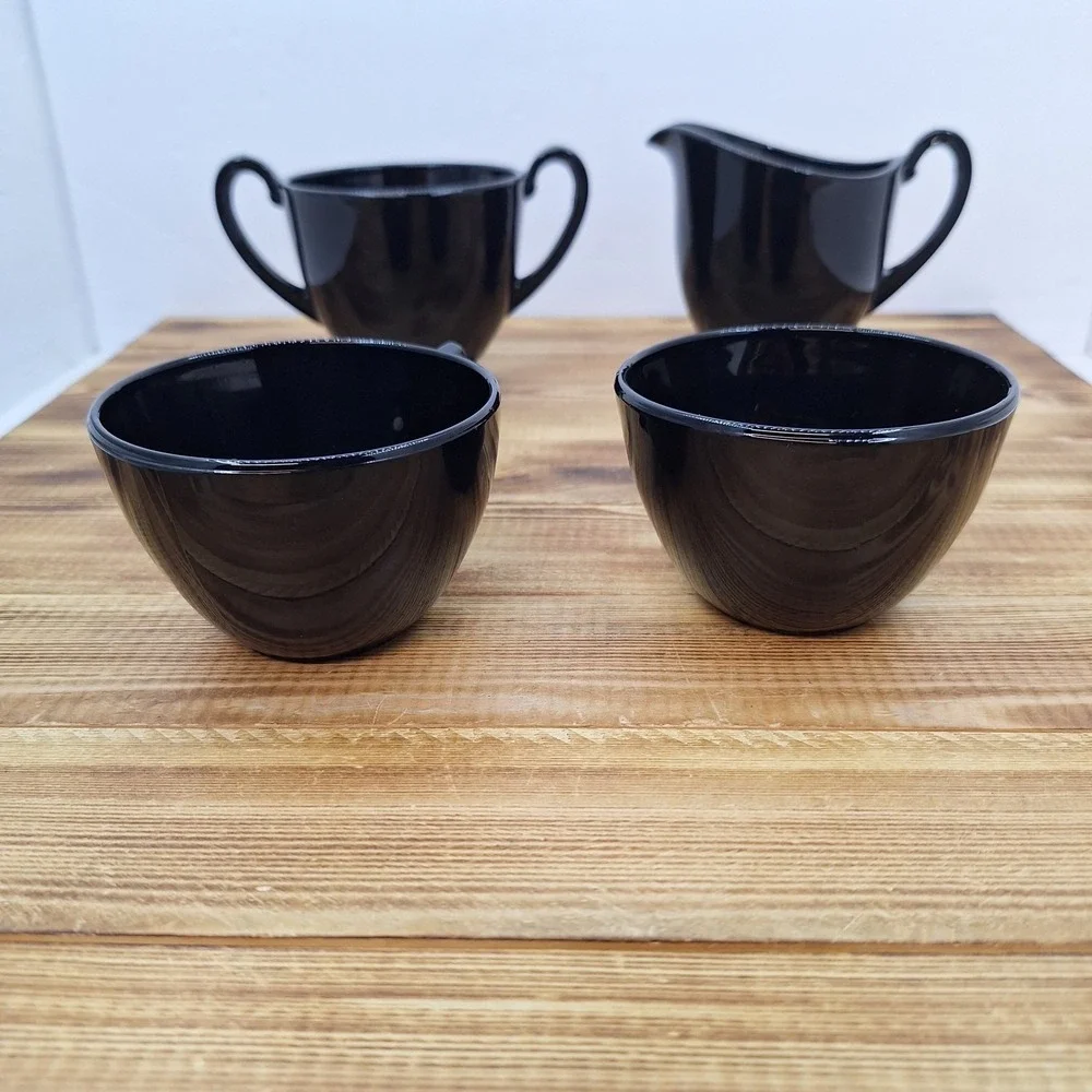 Vintage Black Amethyst Open Sugar And Creamer Set W/‎ 2 Cups 4pc Lot
